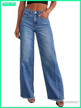 High Waisted Wide Leg Jeans Raw Hem Stretchy Denim Pants